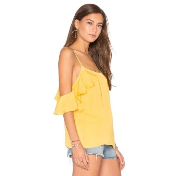 L'Academie X Revolve Marigold Yellow Off-Shoulder Ruffle Satin Cami Top M - Picture 11 of 12